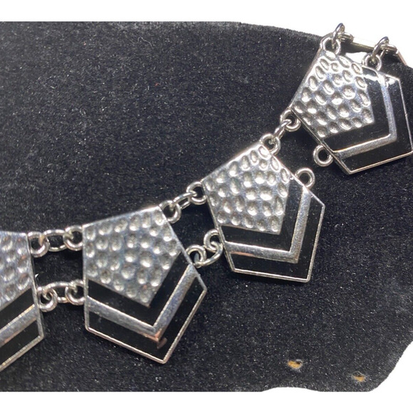 Black Enameled Textured Panel Chevron-Style Chain /Marcasite drop MCM Necklaces - Picture 2 of 11